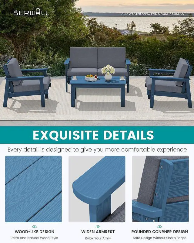 Alt view image 4 of 7 - 4 Piece HDPE Outdoor Furniture Set, All Weather Wood-Like Outdoor Sofa Sectional Couch, Blue Patio Furniture Set with Grey Cushions