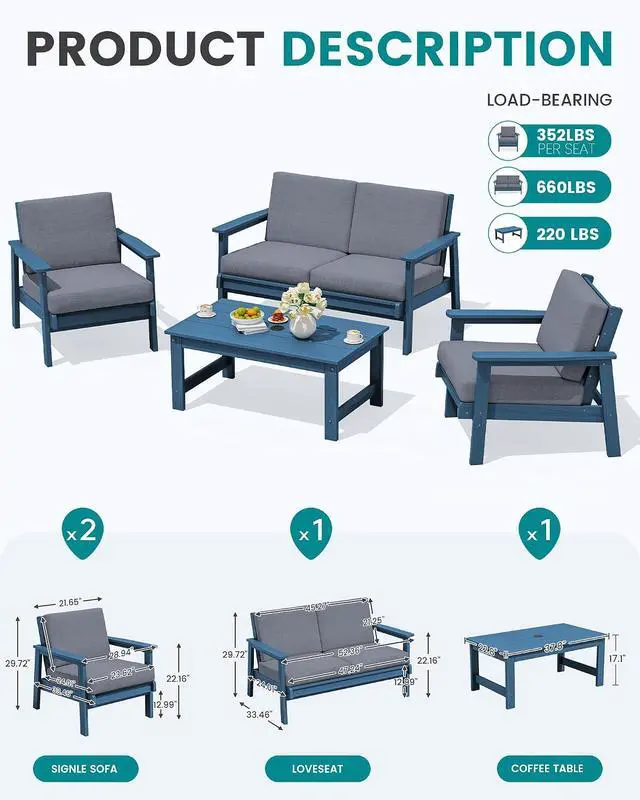 Alt view image 2 of 7 - 4 Piece HDPE Outdoor Furniture Set, All Weather Wood-Like Outdoor Sofa Sectional Couch, Blue Patio Furniture Set with Grey Cushions