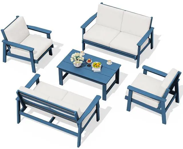 Main image of HDPE Patio Furniture Set, 5 Piece All Weather Wood-Like Sectional Outdoor Furniture Set for Deck, Lawn, Blue Patio Sofa Couch with Khaki Cushions