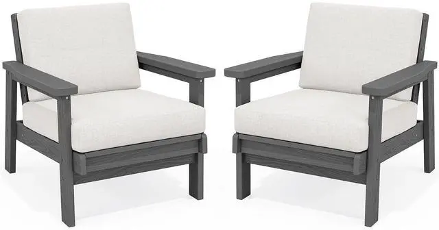 Main image of HDPE Outdoor Couch Set of 2, All-Weather Wood-Like Patio Furniture Set, Outdoor Sofa Chairs with Khaki Cushions