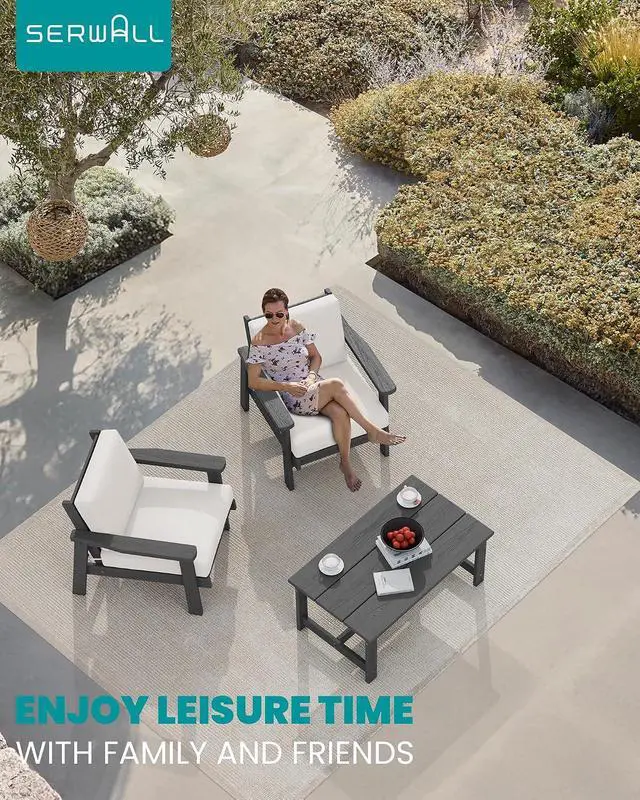 Alt view image 2 of 7 - HDPE Outdoor Couch Set of 2, All-Weather Wood-Like Patio Furniture Set, Outdoor Sofa Chairs with Khaki Cushions