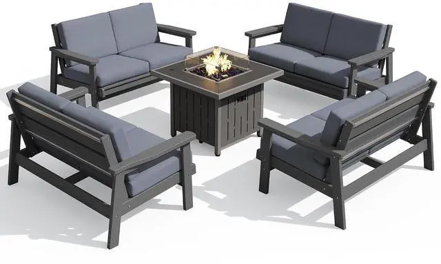 Main image of Patio Furniture Set with 33 Fire Pit Table, HDPE Outdoor Sectional Sofa Set with Thickened Cushions, Grey Frame with Grey Cushions