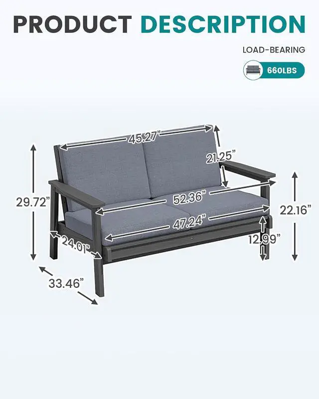 Alt view image 4 of 7 - Patio Furniture Set with 33 Fire Pit Table, HDPE Outdoor Sectional Sofa Set with Thickened Cushions, Grey Frame with Grey Cushions