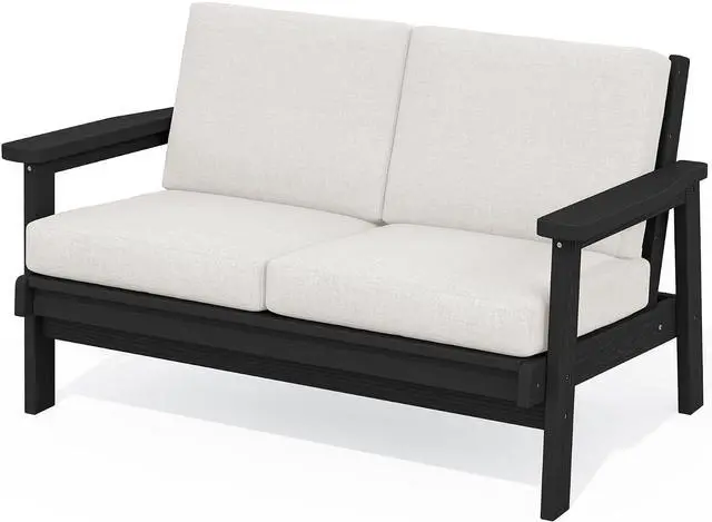 Main image of HDPE Outdoor Patio Loveseat, All Weather Wood-Like Outdoor Sofa HDPE Outdoor Furniture, Black Frame and Khaki Cushion