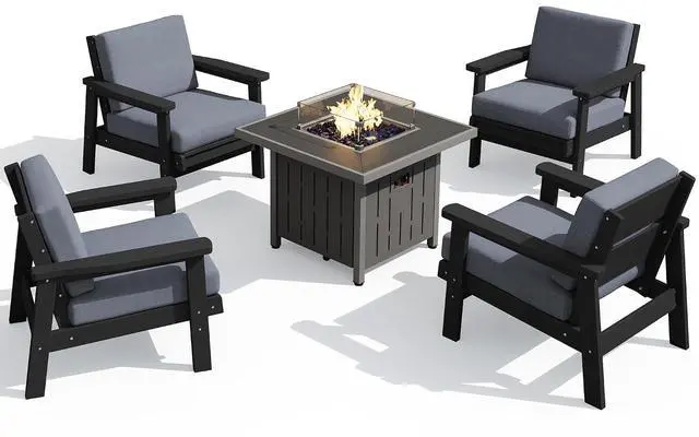 Main image of Patio Furniture Set with 33 Fire Pit Table, HDPE Outdoor Sectional Sofa Set with Thickened Cushions, Black Frame with Grey Cushions
