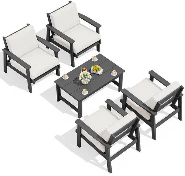 Main image of Outdoor Patio Furniture Set, 5 Piece HDPE Patio Conversation Sets, All-Weather Wood-Like Outdoor Couch Loveseat and Coffee Table with Thick Cushions for Porch Balcony Garden Backyard