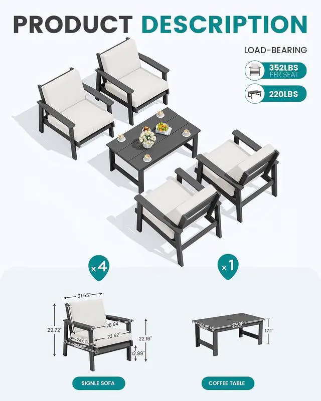 Alt view image 2 of 7 - Outdoor Patio Furniture Set, 5 Piece HDPE Patio Conversation Sets, All-Weather Wood-Like Outdoor Couch Loveseat and Coffee Table with Thick Cushions for Porch Balcony Garden Backyard