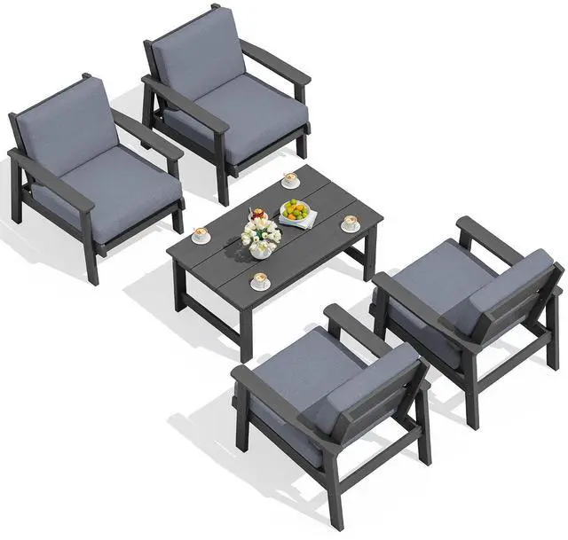 Main image of Outdoor Patio Furniture Set, 5 Piece HDPE Patio Conversation Sets, All-Weather Wood-Like Outdoor Couch Loveseat and Coffee Table with Thick Cushions for Porch Balcony Garden Backyard
