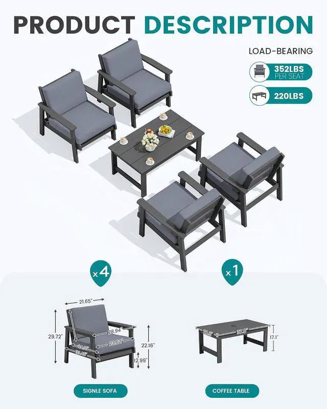 Alt view image 2 of 7 - Outdoor Patio Furniture Set, 5 Piece HDPE Patio Conversation Sets, All-Weather Wood-Like Outdoor Couch Loveseat and Coffee Table with Thick Cushions for Porch Balcony Garden Backyard