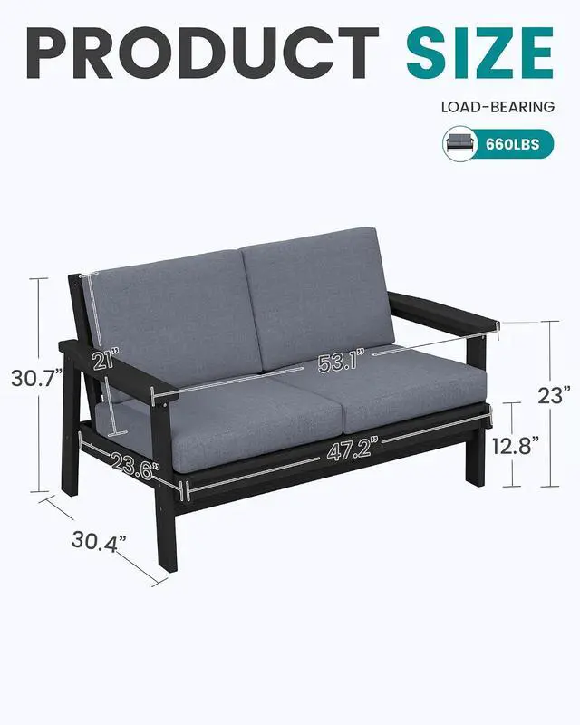 Alt view image 4 of 7 - Patio Furniture Set with 33 Fire Pit Table, HDPE Outdoor Sectional Sofa Set with Thickened Cushions, Black Frame with Grey Cushions