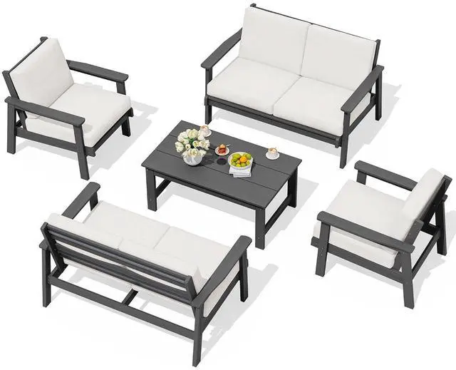 Main image of HDPE Patio Furniture Set, 5 Piece All Weather Wood-Like Sectional Outdoor Furniture Set, Grey Patio Sofa Couch with Khaki Cushions for Deck, Lawn