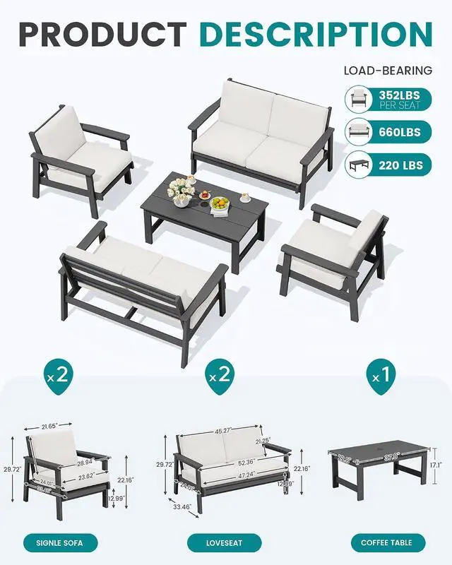 Alt view image 3 of 7 - HDPE Patio Furniture Set, 5 Piece All Weather Wood-Like Sectional Outdoor Furniture Set, Grey Patio Sofa Couch with Khaki Cushions for Deck, Lawn