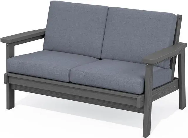 Main image of HDPE Outdoor Patio Loveseat, All Weather Wood-Like Outdoor Sofa HDPE Outdoor Furniture, Grey Frame and Grey Cushion