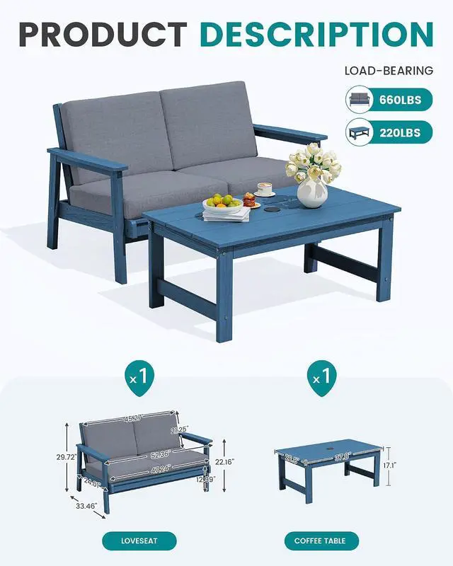 Alt view image 2 of 7 - Outdoor Loveseat, Blue Frame and Grey Cushion