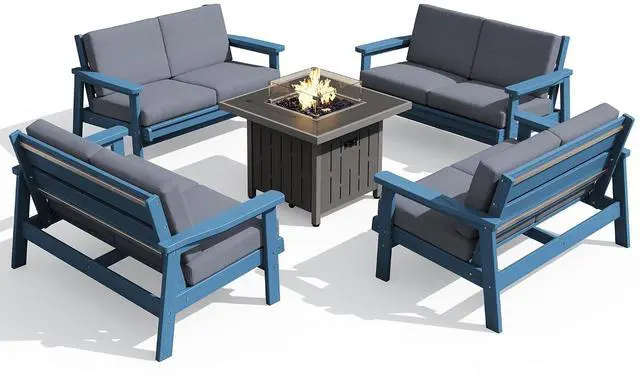 Main image of Patio Furniture Set with 33 Fire Pit Table, HDPE Outdoor Sectional Sofa Set with Thickened Cushions, Blue Frame with Grey Cushions