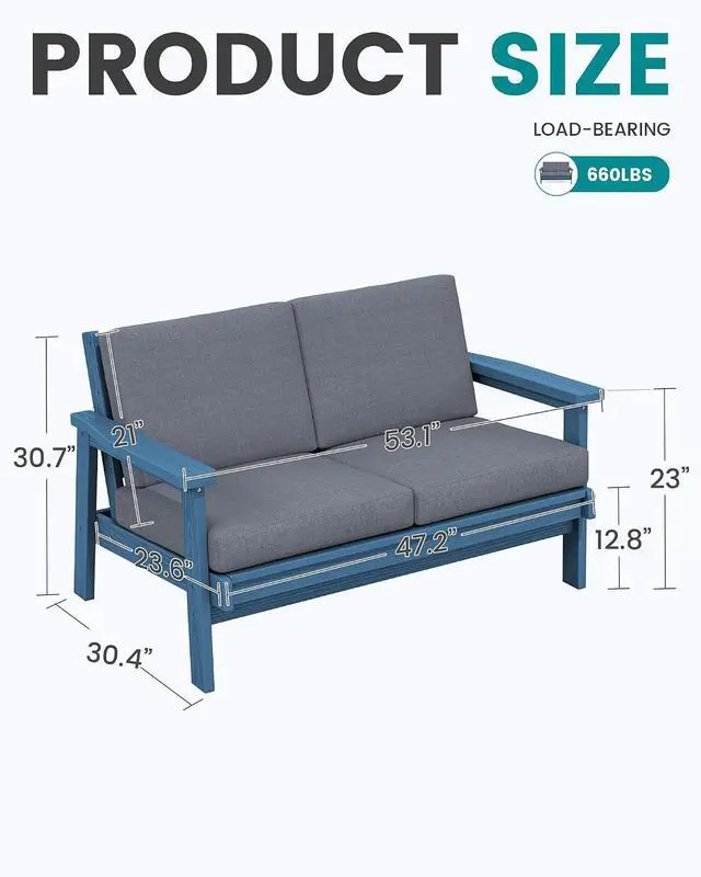 Alt view image 3 of 7 - Patio Furniture Set with 33 Fire Pit Table, HDPE Outdoor Sectional Sofa Set with Thickened Cushions, Blue Frame with Grey Cushions