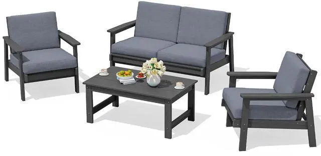 Main image of HDPE Outdoor Furniture Set 4, All Weather Wood-Like Outdoor Sofa Sectional Couch, Grey Patio Furniture Set with Grey Cushions
