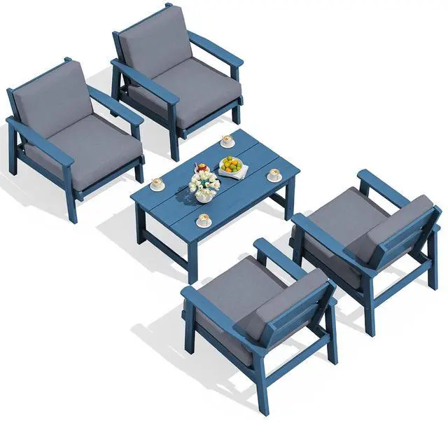 Main image of Outdoor Patio Furniture Set, 5 Piece HDPE Patio Conversation Sets, All-Weather Wood-Like Outdoor Couch Loveseat and Coffee Table with Thick Cushions for Porch Balcony Garden Backyard