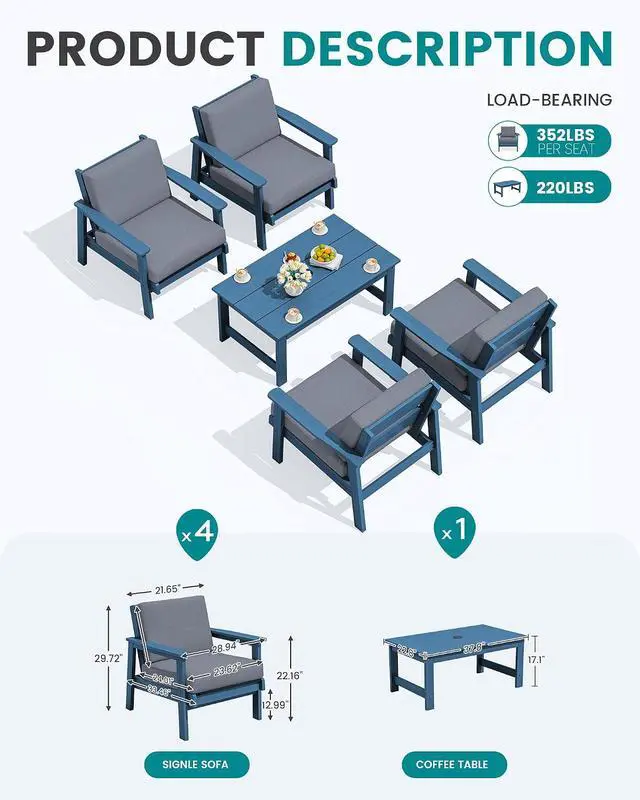 Alt view image 2 of 7 - Outdoor Patio Furniture Set, 5 Piece HDPE Patio Conversation Sets, All-Weather Wood-Like Outdoor Couch Loveseat and Coffee Table with Thick Cushions for Porch Balcony Garden Backyard