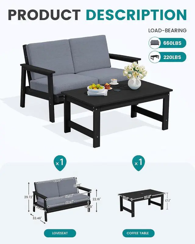 Alt view image 2 of 7 - Outdoor Loveseat, Black Frame and Grey Cushion
