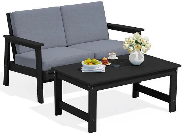Main image of Outdoor Loveseat, Black Frame and Grey Cushion