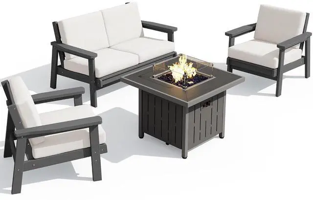 Main image of Patio Furniture Set with 33 Fire Pit Table, HDPE Outdoor Sectional Sofa Set with Thickened Cushions, Grey Frame with Khaki Cushions