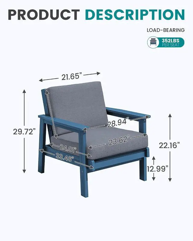 Alt view image 2 of 7 - HDPE Outdoor Couch Set of 2, Blue Frame and Grey Cushion