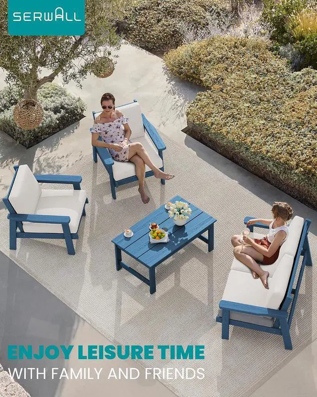Alt view image 2 of 7 - HDPE Patio Furniture Set, 5 Piece All Weather Wood-Like Sectional Outdoor Furniture Set for Deck, Lawn, Blue Patio Sofa Couch with Khaki Cushions