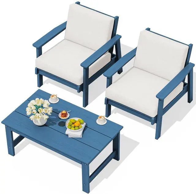 Main image of HDPE Outdoor Couch, All-Weather Wood-Like Outdoor Sofa Set with Coffee Table, Blue Frame and Khaki Cushion