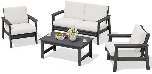 Main image of HDPE Outdoor Furniture Set 4, All Weather Wood-Like Outdoor Sofa Sectional Couch, Grey Patio Furniture Set with Khaki Cushions
