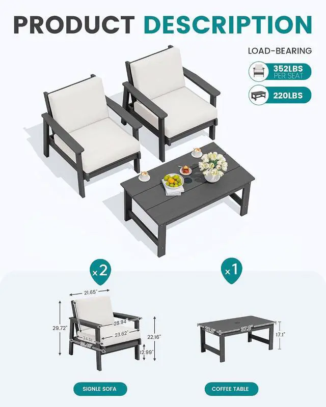 Alt view image 2 of 7 - HDPE Outdoor Couch, Grey Frame and Khaki Cushion