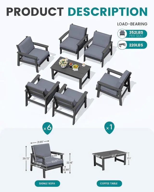 Alt view image 2 of 7 - HDPE Outdoor Furniture Set, 7 Piece All Weather Wood-Like Outdoor Sofa Sectional Couch, Grey Patio Furniture Set with Grey Cushions