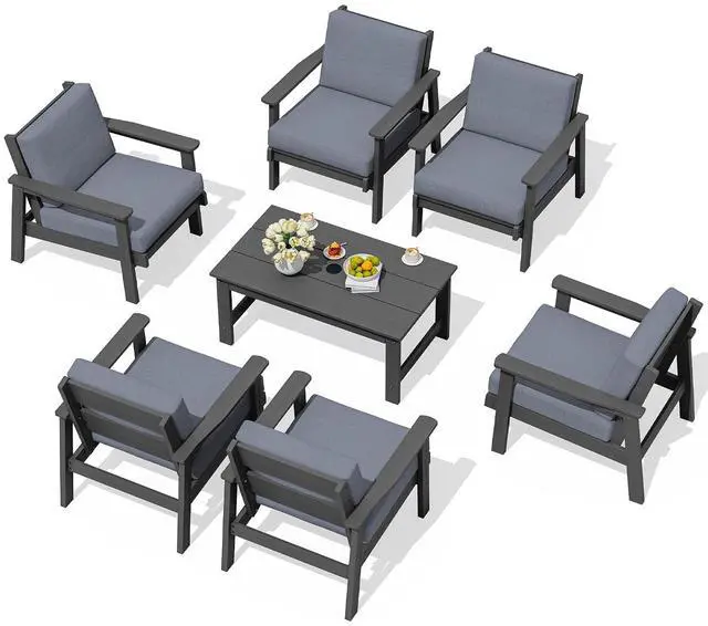 Main image of HDPE Outdoor Furniture Set, 7 Piece All Weather Wood-Like Outdoor Sofa Sectional Couch, Grey Patio Furniture Set with Grey Cushions