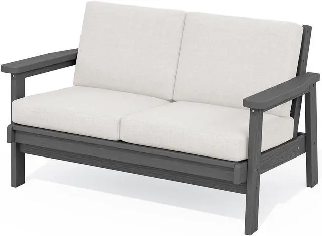 Main image of HDPE Outdoor Patio Loveseat, All Weather Wood-Like Outdoor Sofa HDPE Outdoor Furniture, Grey Frame and Khaki Cushion