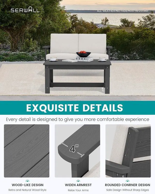 Alt view image 2 of 7 - HDPE Outdoor Patio Loveseat, All Weather Wood-Like Outdoor Sofa HDPE Outdoor Furniture, Grey Frame and Khaki Cushion