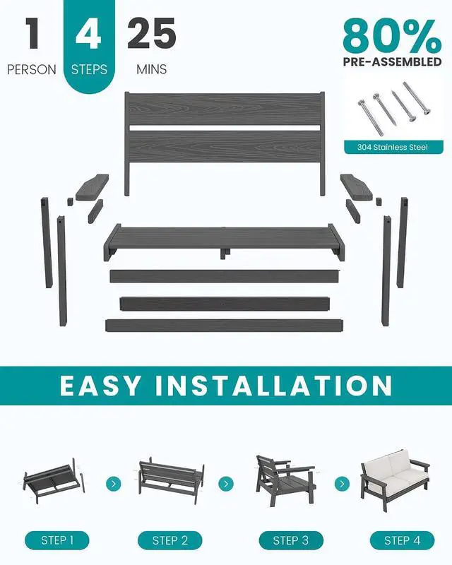 Alt view image 7 of 7 - HDPE Outdoor Patio Loveseat, All Weather Wood-Like Outdoor Sofa HDPE Outdoor Furniture, Grey Frame and Khaki Cushion
