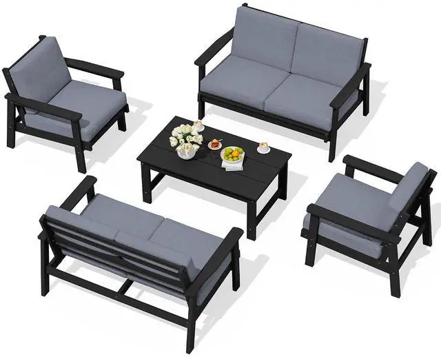 Main image of HDPE Patio Furniture Set, 5 Piece All Weather Wood-Like Sectional Outdoor Furniture Set for Deck, Lawn, Black Patio Sofa Couch with Grey Cushions