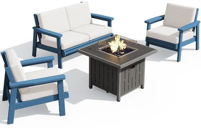 Main image of Patio Furniture Set with 33 Fire Pit Table, HDPE Outdoor Sectional Sofa Set with Thickened Cushions, Blue Frame with Khaki Cushions