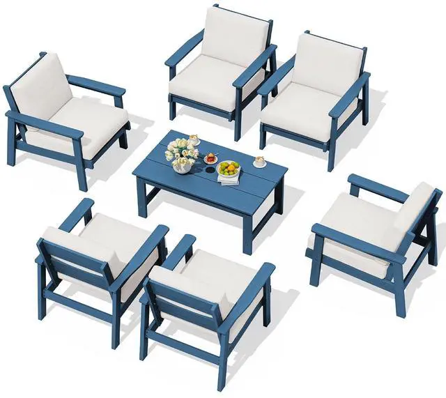 Main image of HDPE Outdoor Furniture Set, 7 Piece All Weather Wood-Like Outdoor Sofa Sectional Couch, Blue Patio Furniture Set with Khaki Cushions