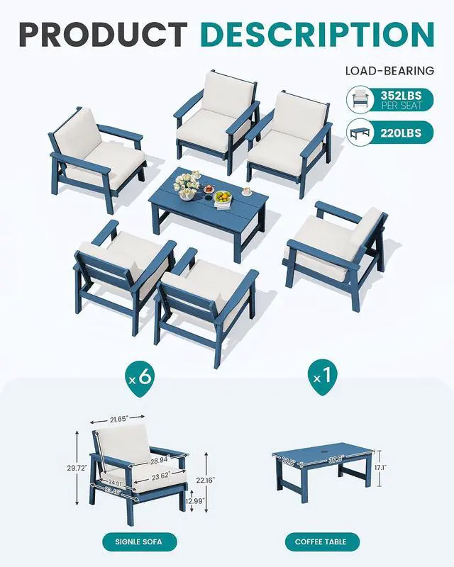 Alt view image 2 of 7 - HDPE Outdoor Furniture Set, 7 Piece All Weather Wood-Like Outdoor Sofa Sectional Couch, Blue Patio Furniture Set with Khaki Cushions
