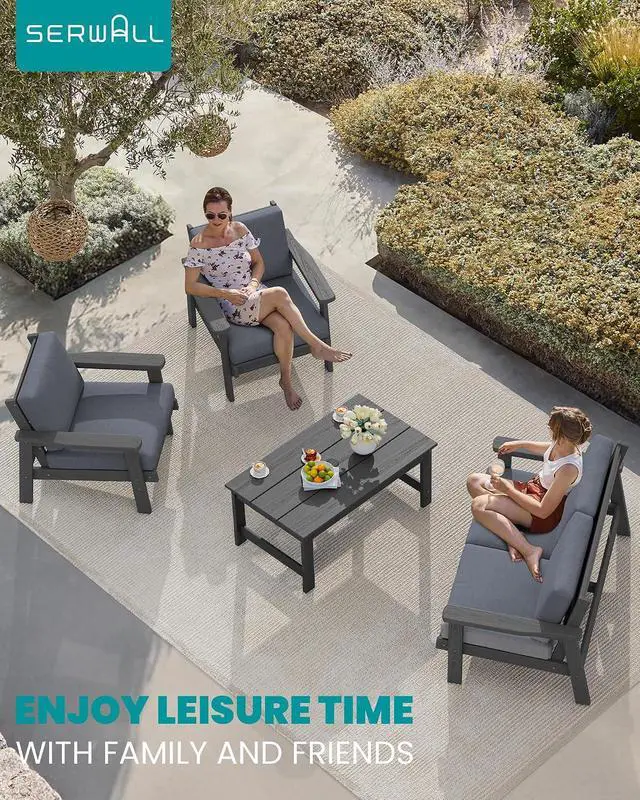 Alt view image 2 of 7 - HDPE Outdoor Furniture Set 4, All Weather Wood-Like Outdoor Sofa Sectional Couch, Grey Patio Furniture Set with Grey Cushions