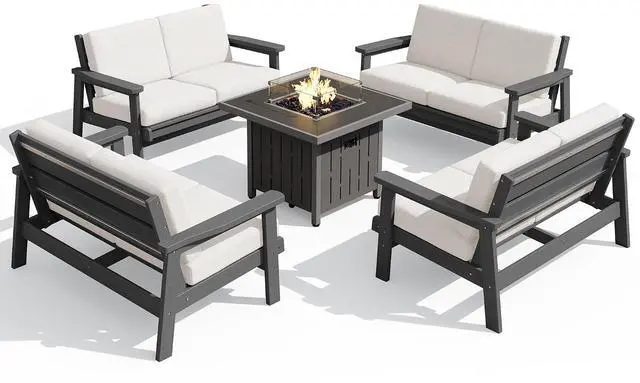 Main image of Patio Furniture Set with 33 Fire Pit Table, HDPE Outdoor Sectional Sofa Set with Thickened Cushions, Grey Frame with Khaki Cushions