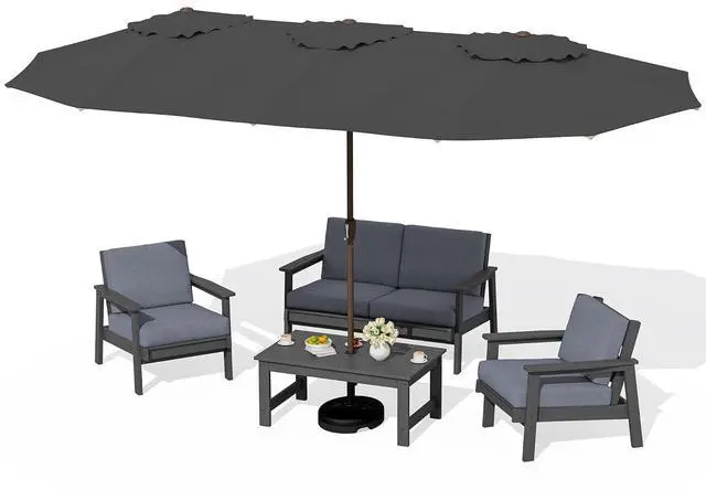 Main image of HDPE Patio Furniture Set with 15FT Double Side Patio Umbrella, All Weather Wood-Like Outdoor Sofa Sectional Couch, Grey Patio Furniture with Grey Cushions