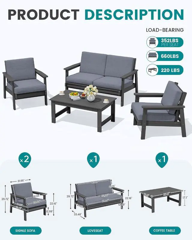 Alt view image 6 of 7 - HDPE Outdoor Furniture Set 4, All Weather Wood-Like Outdoor Sofa Sectional Couch, Grey Patio Furniture Set with Grey Cushions