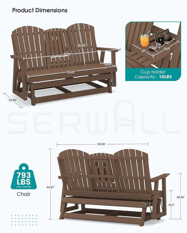 Alt view image 2 of 7 - 3 Person Outdoor Glider Bench with Cup Holder and iPad Placement,Oversized 66" HDPE Patio Glider Bench, All Weather Patio Glider Chair for Garden,Park,Yard,Front Porch,Brown