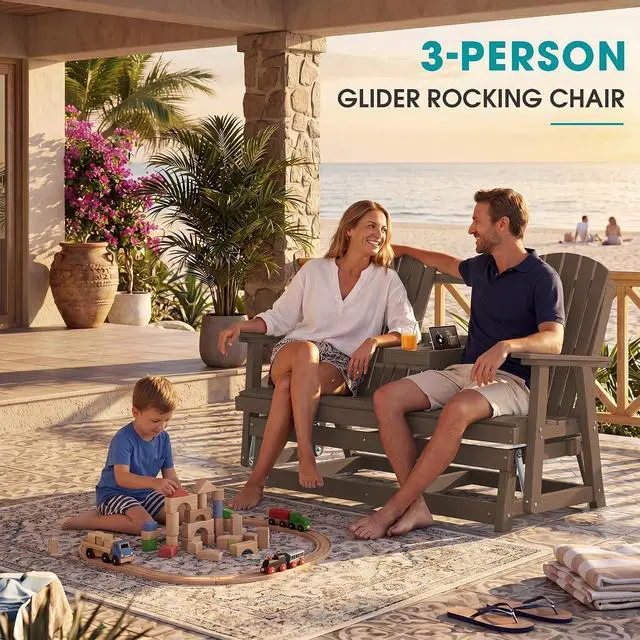 Alt view image 4 of 7 - 3 Person Outdoor Glider Bench with Cup Holder and iPad Placement,Oversized 66" HDPE Patio Glider Bench, All Weather Patio Glider Chair for Garden,Park,Yard,Front Porch,Brown