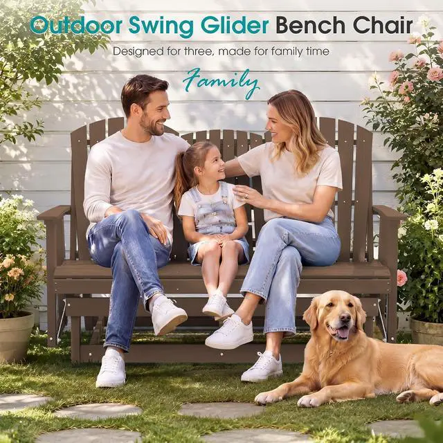 Alt view image 3 of 7 - 3 Person Outdoor Glider Bench with Cup Holder and iPad Placement,Oversized 66" HDPE Patio Glider Bench, All Weather Patio Glider Chair for Garden,Park,Yard,Front Porch,Brown