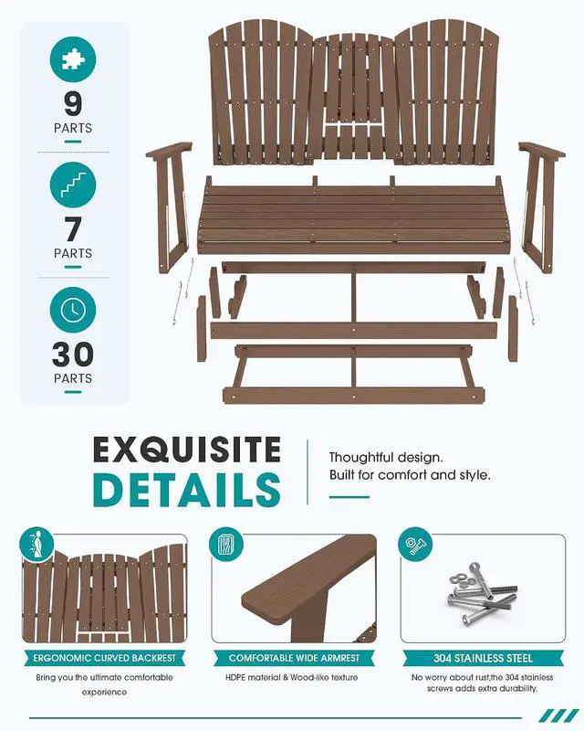 Alt view image 7 of 7 - 3 Person Outdoor Glider Bench with Cup Holder and iPad Placement,Oversized 66" HDPE Patio Glider Bench, All Weather Patio Glider Chair for Garden,Park,Yard,Front Porch,Brown