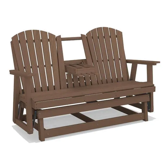 Alt view image 5 of 7 - 3 Person Outdoor Glider Bench with Cup Holder and iPad Placement,Oversized 66" HDPE Patio Glider Bench, All Weather Patio Glider Chair for Garden,Park,Yard,Front Porch,Brown