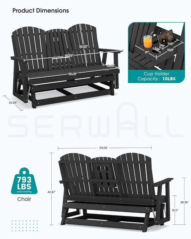 Alt view image 2 of 7 - 3 Person Outdoor Glider Bench with Cup Holder and iPad Placement,Oversized 66" HDPE Patio Glider Bench, All Weather Patio Glider Chair for Garden,Park,Yard,Front Porch,Black